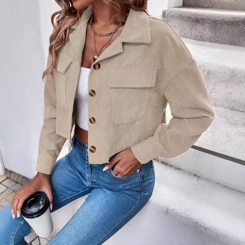 Women's Fashion Short Corduroy Button Jacket Casual Short Coat