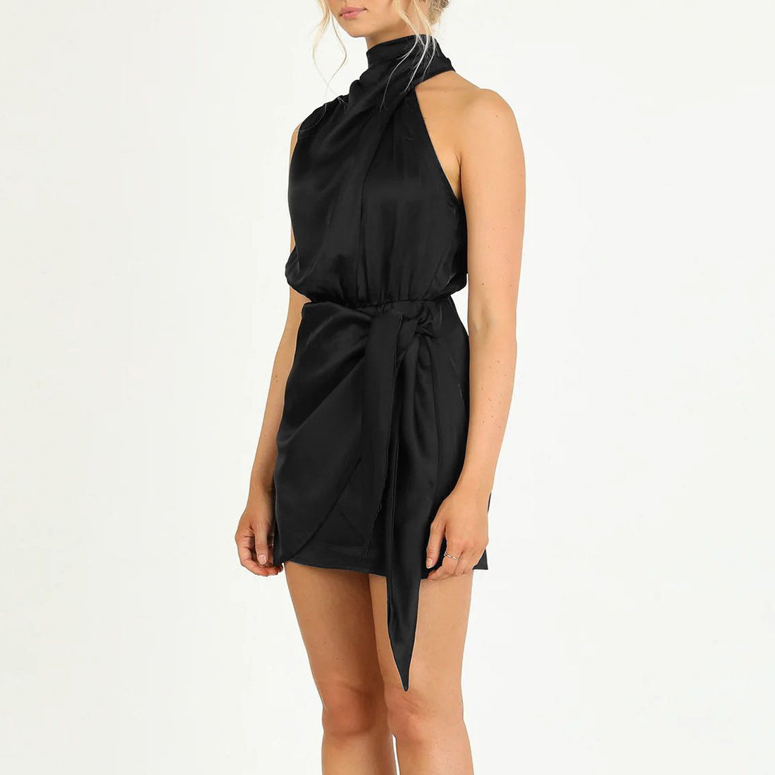 Elegant Halter Neck Dress Fashion Sleeveless Waist-tied Short Dresses