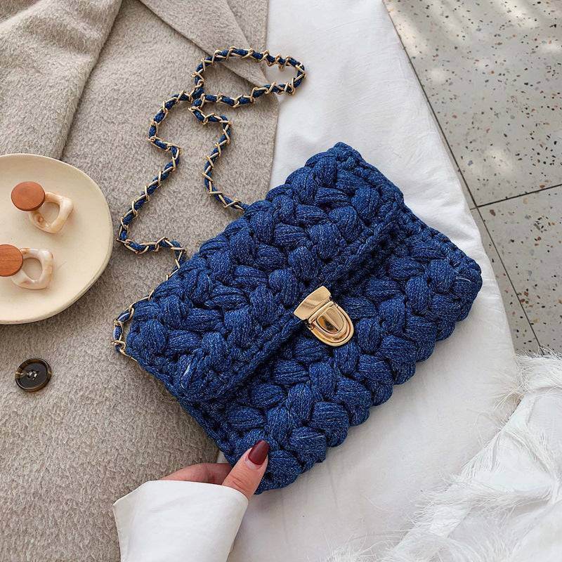 Elegant hand woven chunky knit bag with gold chain strip - VIOLA GRACE