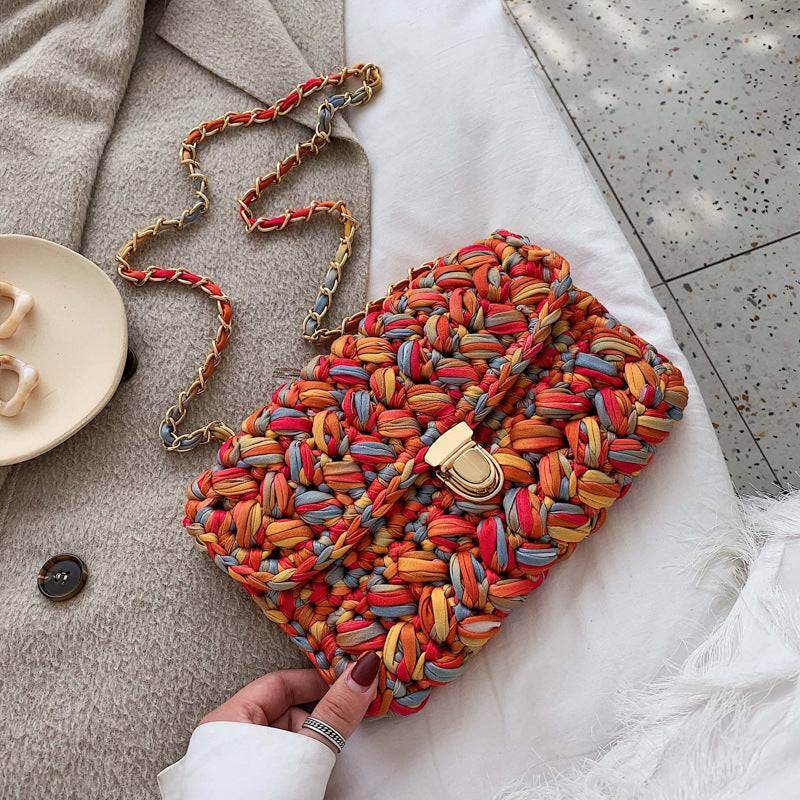 Elegant hand woven chunky knit bag with gold chain strip - VIOLA GRACE