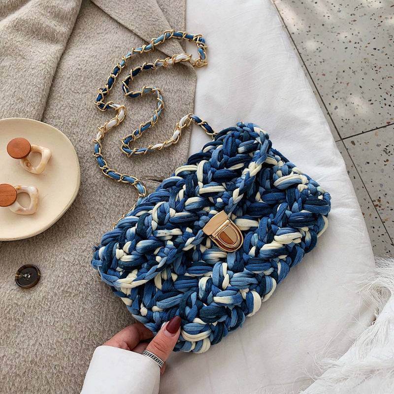 Elegant hand woven chunky knit bag with gold chain strip - VIOLA GRACE