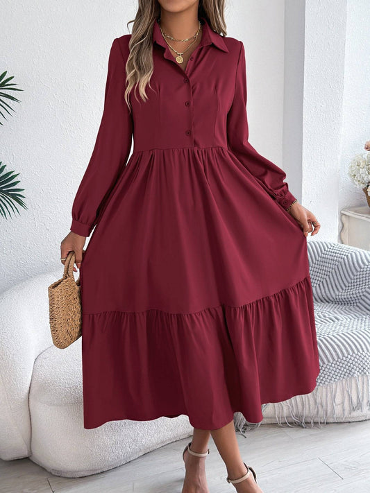 Women Lapel Casual Loose Long Sleeve Ruffled Shirt Dresses Long Sleeve