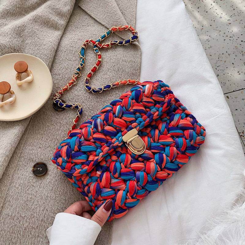 Elegant hand woven chunky knit bag with gold chain strip - VIOLA GRACE