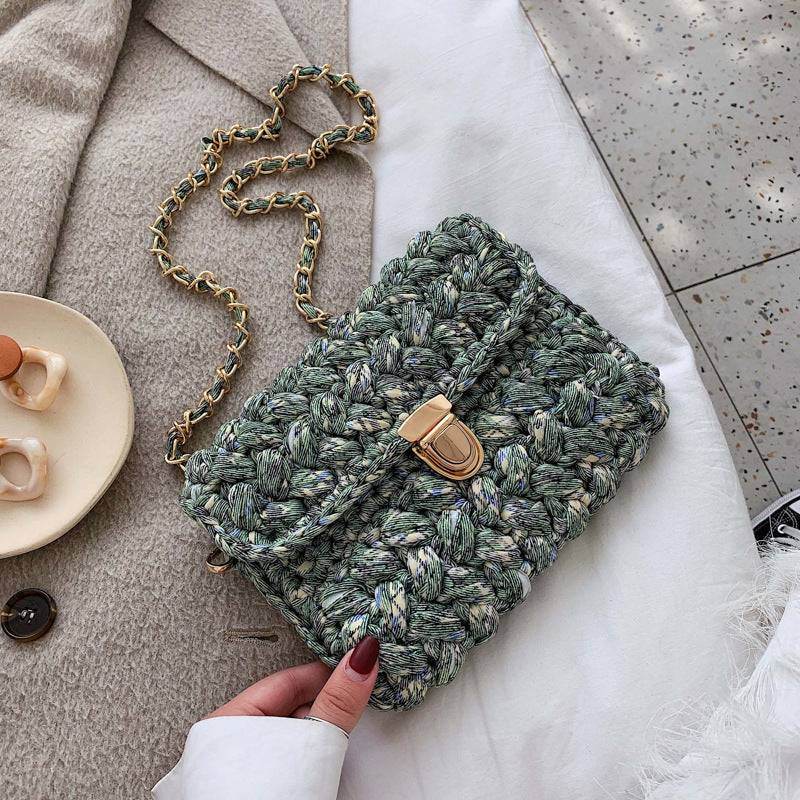 Elegant hand woven chunky knit bag with gold chain strip - VIOLA GRACE