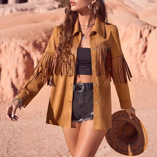 Women's Solid Color Western Style Suede Fringe Jacket Jacket
