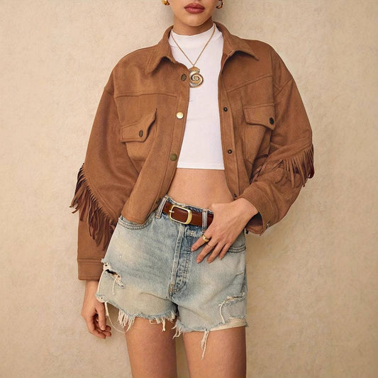 Women's Solid Color Shoulder. Down Long Sleeved Tassel Trimmed Jacket.