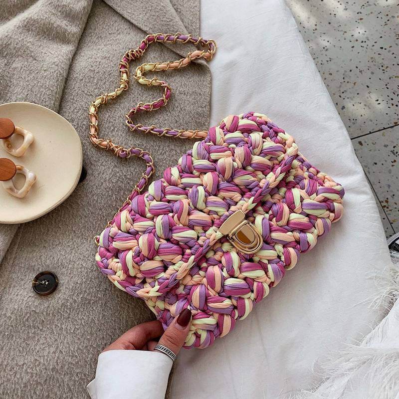 Elegant hand woven chunky knit bag with gold chain strip - VIOLA GRACE