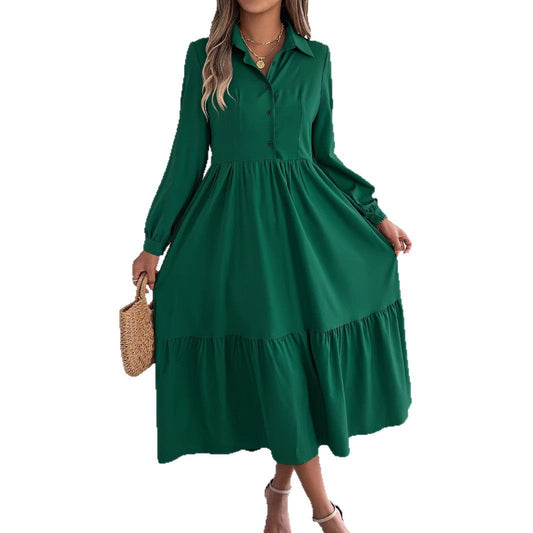 Women Lapel Casual Loose Long Sleeve Ruffled Shirt Dresses Long Sleeve