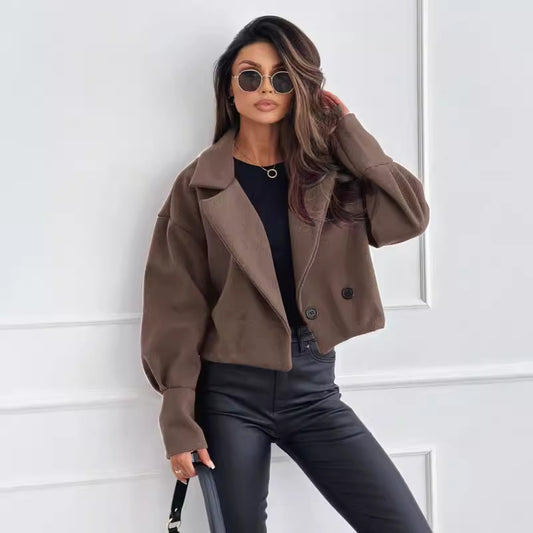 Fashionable All-match Suit Collar Short Woolen Coat