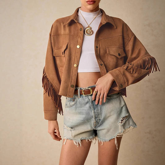 Women's Solid Color Shoulder. Down Long Sleeved Tassel Trimmed Jacket.