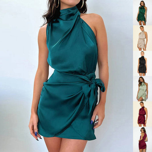Elegant Halter Neck Dress Fashion Sleeveless Waist-tied Short Dresses