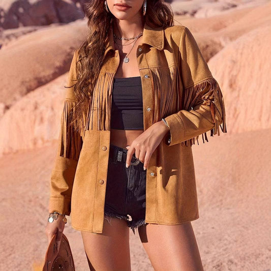 Women's Solid Color Western Style Suede Fringe Jacket Jacket
