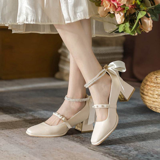 Women Style Chunky Heel Pearl White High Heels 
