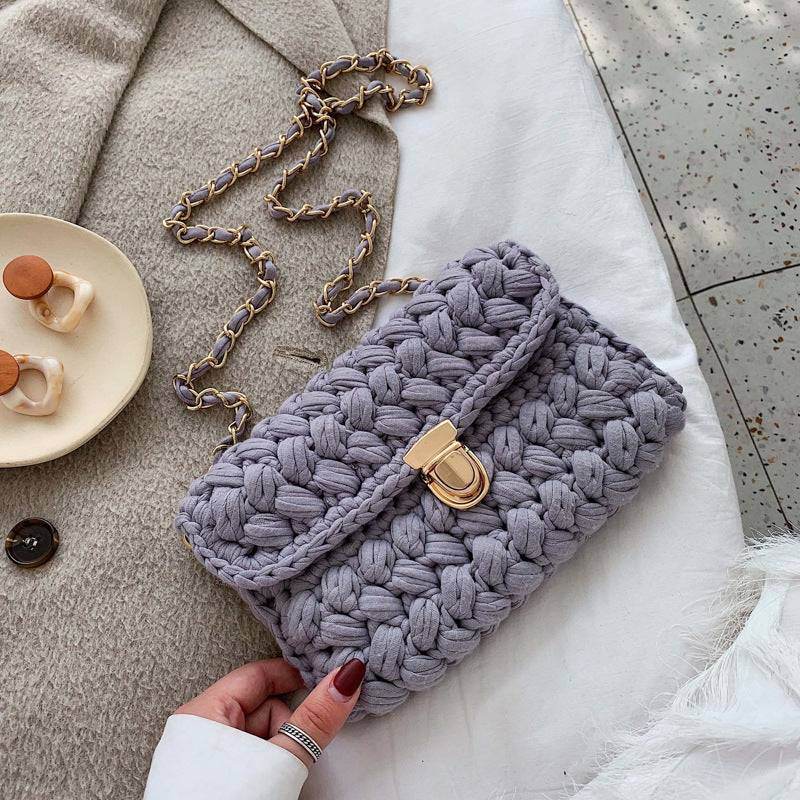 Elegant hand woven chunky knit bag with gold chain strip - VIOLA GRACE